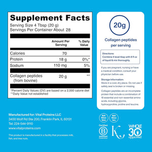 Vital Proteins Grass Fed Collagen Peptides Powder, Supports Hair, Skin, Nails, Bones, and Joints Health, Hydrolyzed Peptides - Zero Sugar, Unflavored, 20Oz