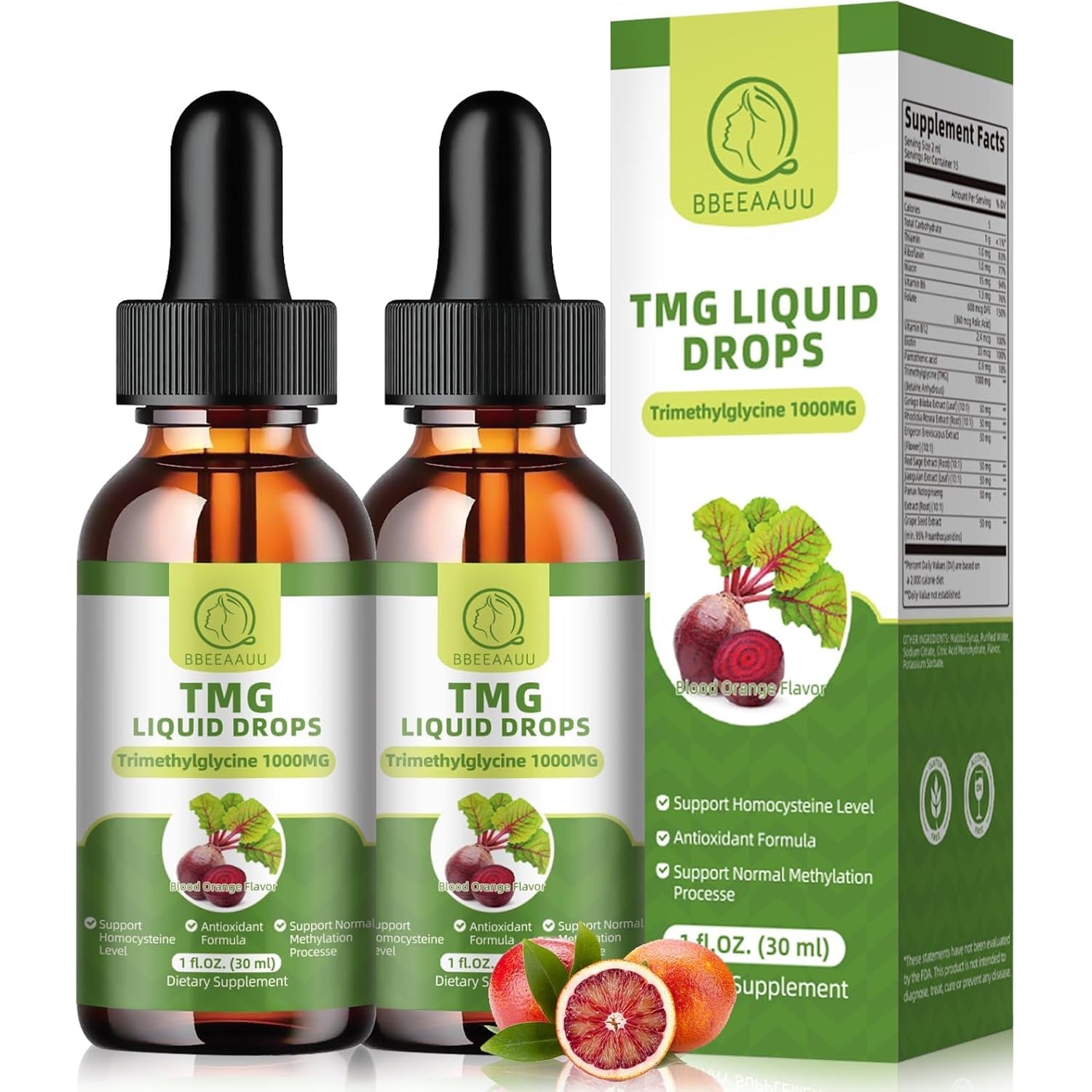 TMG Supplements 1000MG - Trimethylglycine Liquid Drops, Betaine High Absorption, Supports Methylation, Liver Wellness & Cognitive, Non-Gmo, Vegan, Blood Orange Flavor, 1 Fl.Oz (2 Pack)