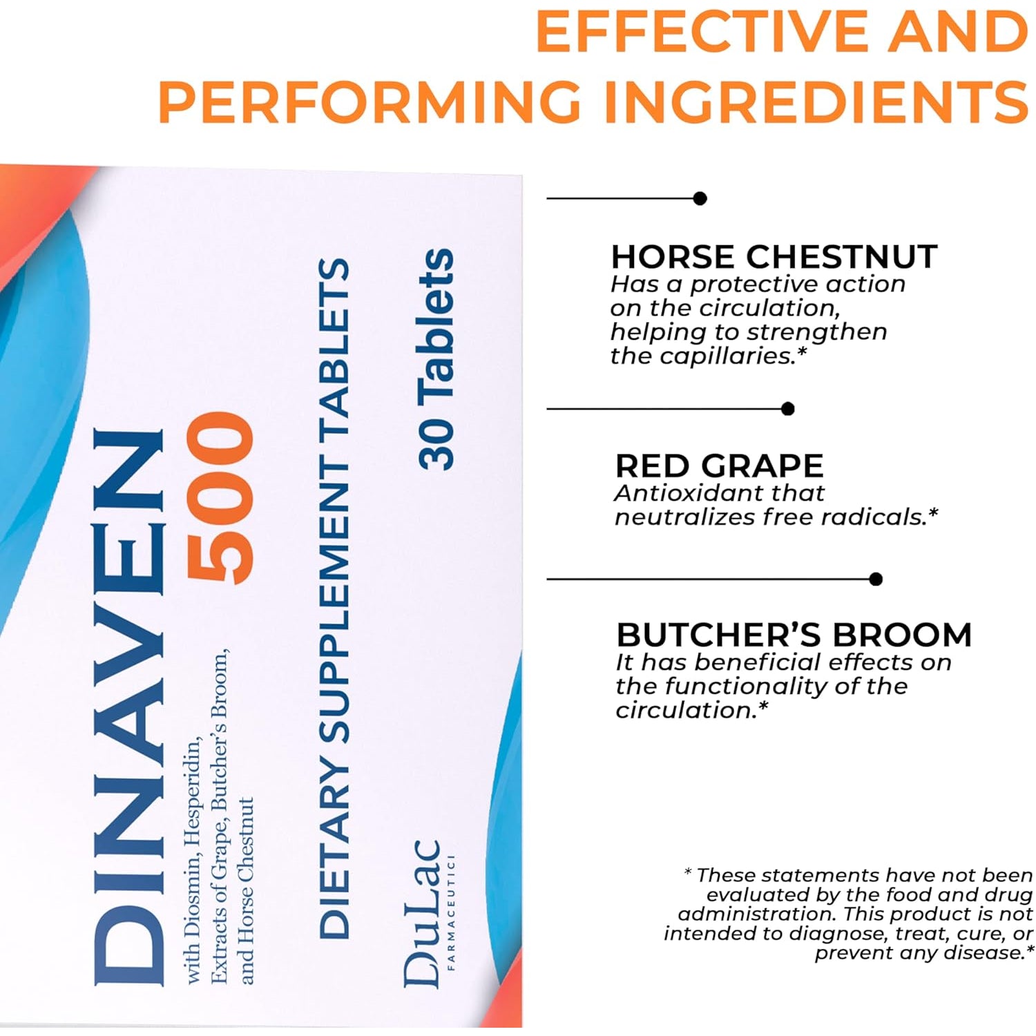 Dulac Dinaven 500, Micronized Diosmin Hesperidin Dietary Supplement 1000Mg per Serving, Horse Chestnut Extract, Butcher’S Broom & Red Grape Extract, Leg Circulation Support, 30 Tablets, Made in Italy
