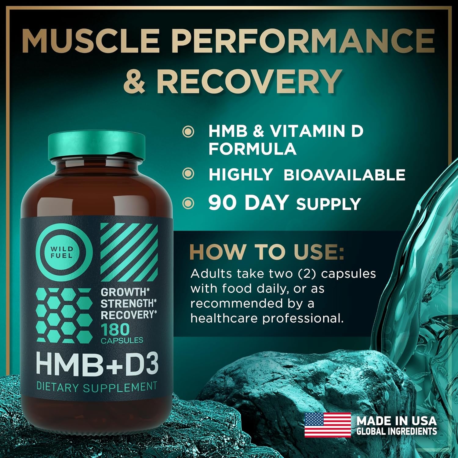 WILD FUEL 3,000Mg HMB Supplement plus Vitamin D3 - Muscle Growth, Strength, Fast Workout Recovery HMB Supplements for Men and Women - Calcium Beta-Hydroxy Beta-Methylbutyrate - 180 Capsules