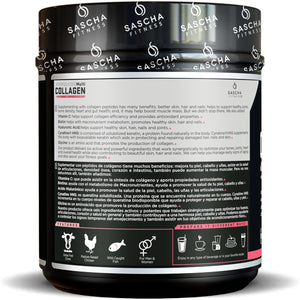SASCHA FITNESS Hydrolyzed Multi Collagen Peptides Tipes 1,2 & 3 |Hyaluronic Acid|Biotin |Cynatine Hsn|Vitamin C & E |For Hairs, Skin & Bone Support|Strawberry Lemonade