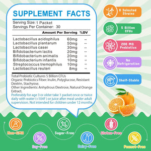 ZEBORA Kids Probiotic & Prebiotics Powder Age 3+ Support Children'S Digestive & Immune System with Natural Source, Promotes Constipation Relief, Non-Gmo, Gluten-Free, 30 Packets with 5 Billion Cfus