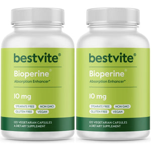 BESTVITE Bioperine 10Mg (240 Vegetarian Capsules) (120 X 2) - No Stearates - Vegan - Non GMO - Gluten Free - Absorption Enhancer
