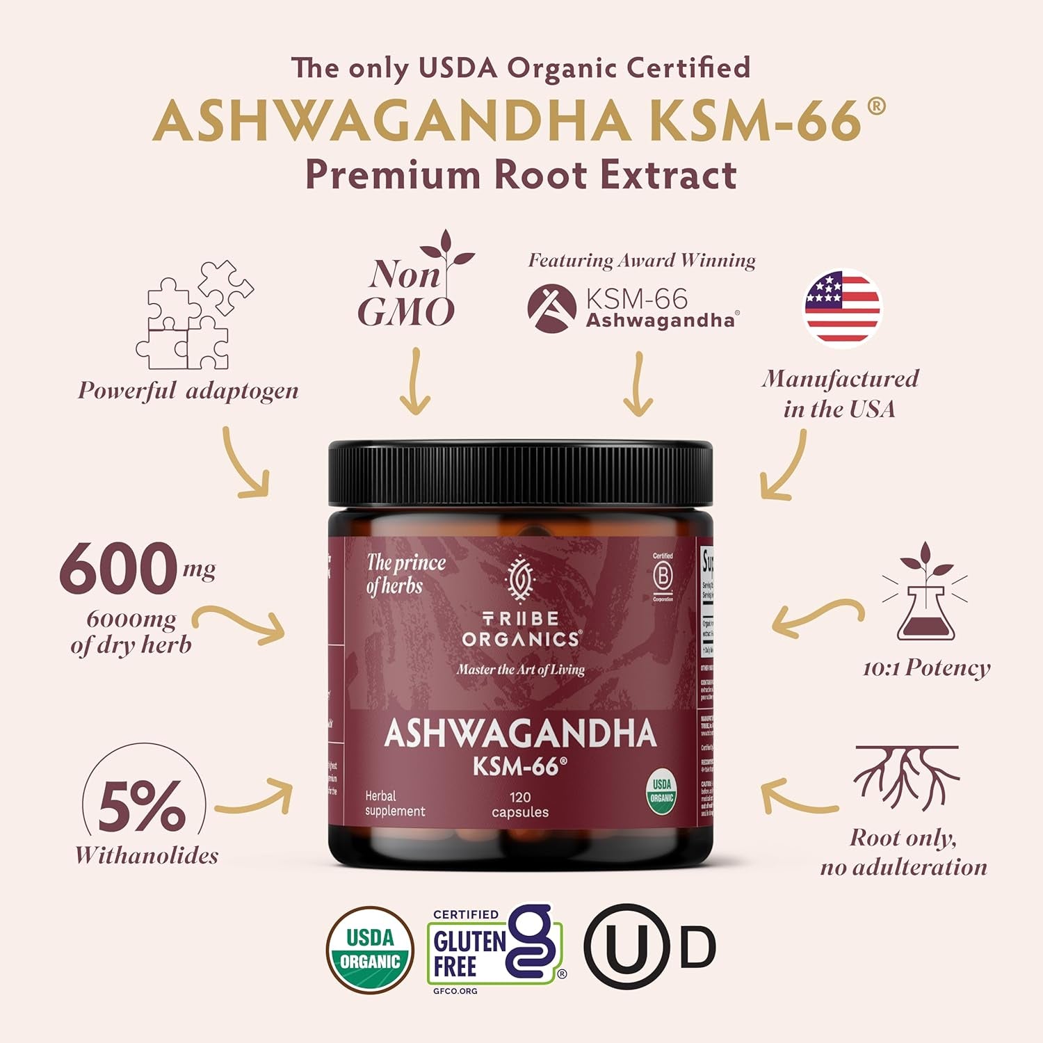TRIBE ORGANICS Ashwagandha KSM 66 Pure Organic Root Powder Extract Ayurvedic Supplement - Focus, Mood Support, Increase Energy, Strength, 600Mg of Natural KSM66 for Superior Absorption - 120 Capsules