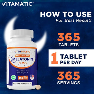 Vitamatic Melatonin 3Mg Tablets | Vegetarian, Non-Gmo, Gluten Free | 1 Year Supply | Natural Berry Flavor - 365 Tablets