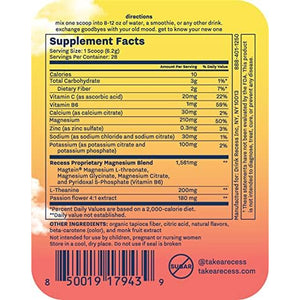 Recess Mood Powder, Calming Magnesium L-Threonate Blend with Passion Flower, L-Theanine, Electrolytes, Magnesium Calm Support Powder Supplement - Lemon Citrus 28 Serving Tub