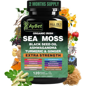 Organic Irish Sea Moss Capsules 120 Count –16 in 1 Sea Moss Supplement with Black Seed Oil, Ashwagandha, Turmeric & Ginger, Bladderwrack & Burdock Root, Vitamin D3 –Organic, Vegan, Halal, Non-Gmo