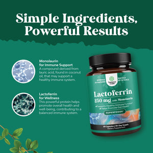 High Strength 250Mg Lactoferrin & 1000Mg Monolaurin Supplement - Microbiome Digestive Health Immune Support Supplement - Lactoferrin and Monolaurin Capsules - Vegetarian - 60 Count (Pack of 1)