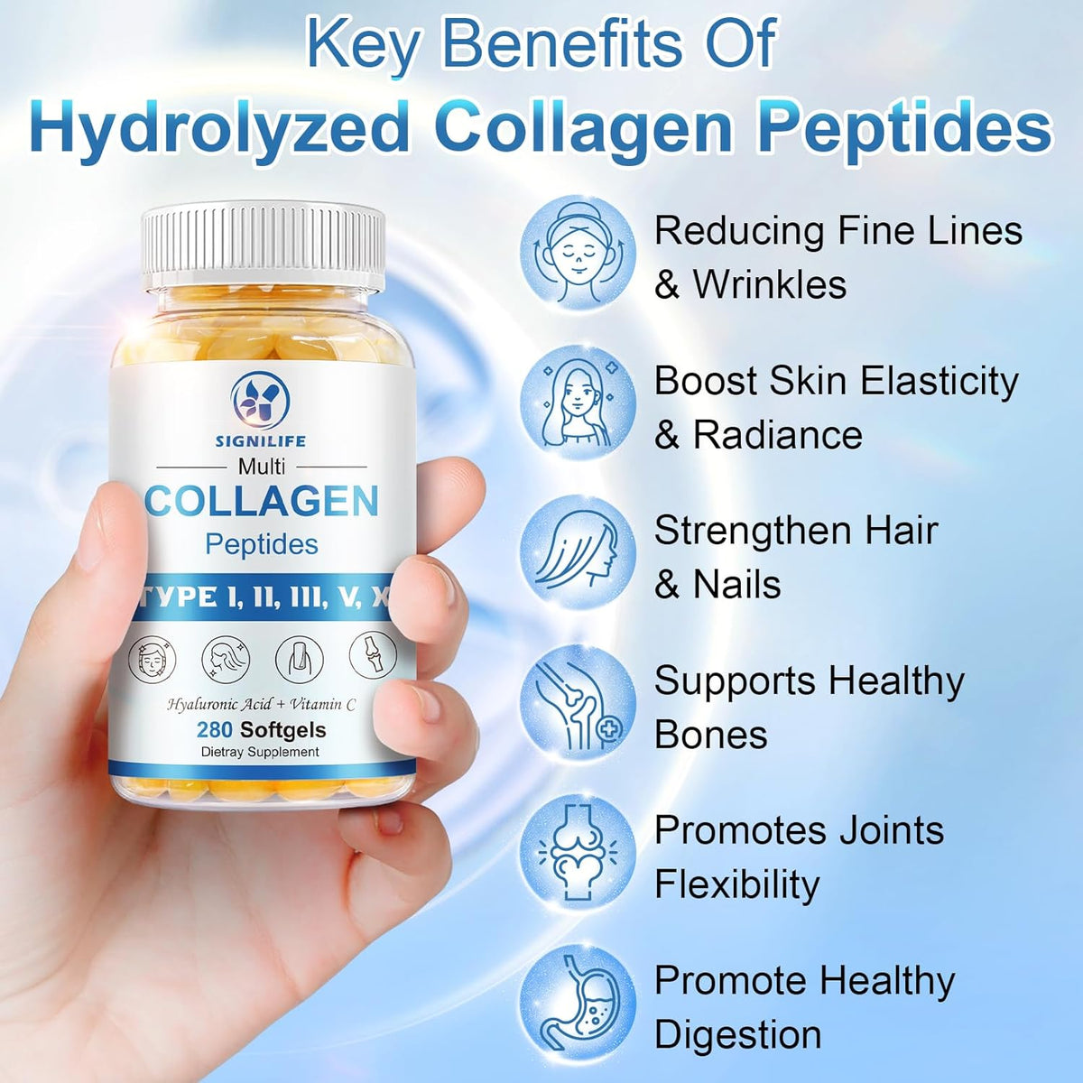 Multi Collagen Peptides for Women & Men, Hydrolyzed Collagen Peptides-Type I, II, III, V, X - with Hyaluronic Acid,Vitamin C,Biotin,Supports Skin Hair Nail, Non-Gmo, 280 Softgels