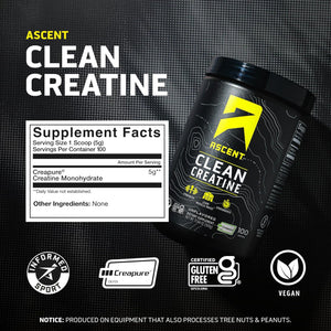 Ascent Clean Creatine Monohydrate Powder - 5G per Serving, Creapure Creatine Supplement - Unflavored, 100 Servings