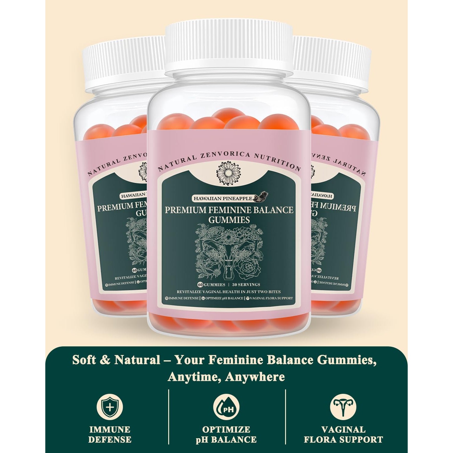Premium Feminine Balance Gummies for Women - Hawaiian Pineapple Ph Balance Probiotic Gummies for Odor and Flora Wellness, Immune Support, Vegan, 60 Count