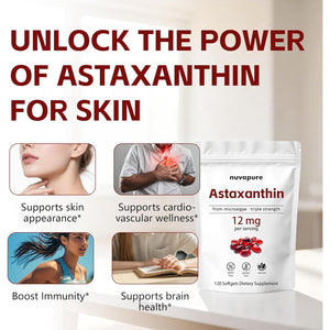 Nuvapure Astaxanthin 12Mg Softgels – Triple Strength Astaxanthin from Microalgae, Non-Gmo, Gluten Free, Antioxidant Dietary Supplement, 120 Softgels