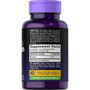 Carlyle Melatonin 12 Mg Fast Dissolve 300 Tablets | Drug Free | Natural Berry Flavor | Vegetarian, Non-Gmo, Gluten Free