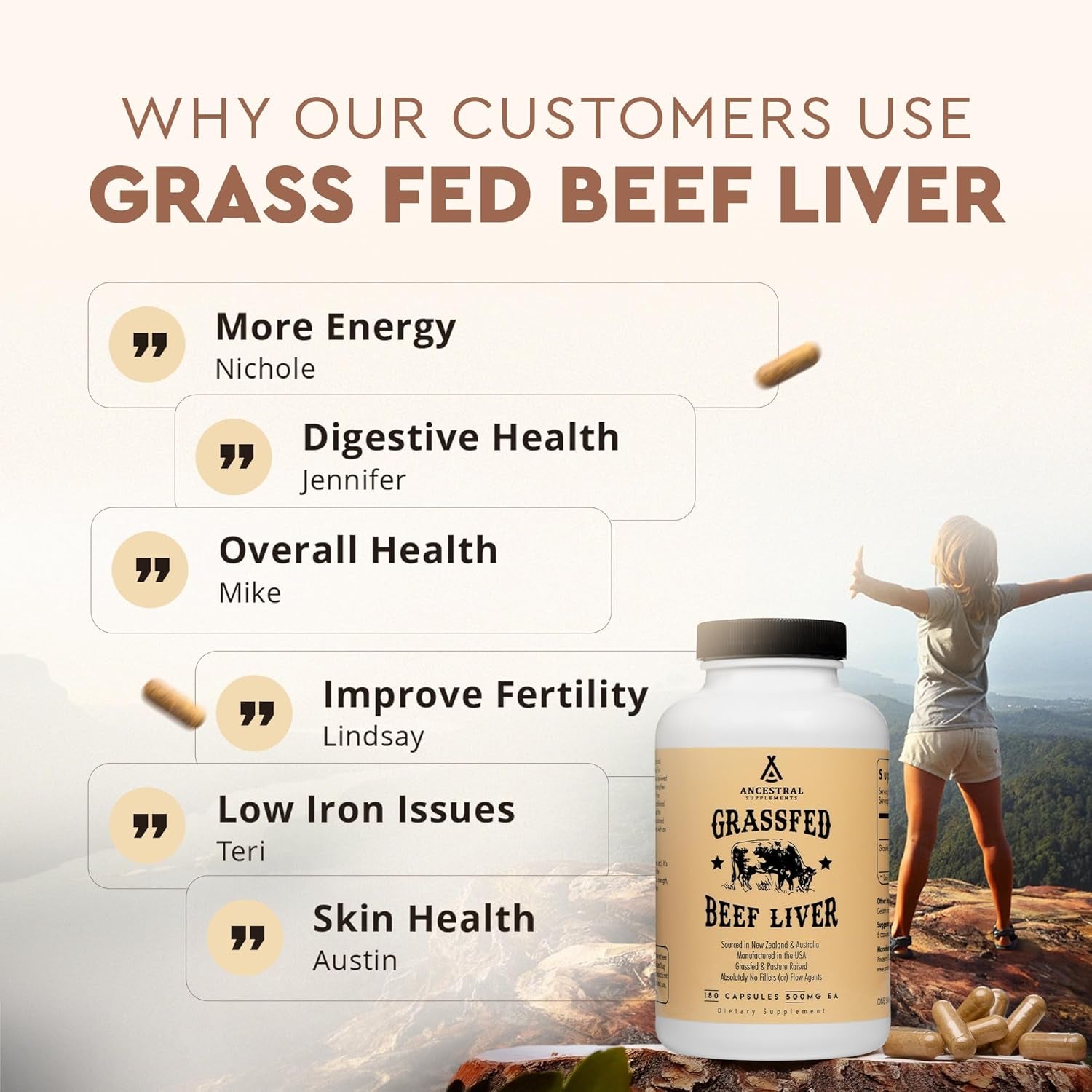 Ancestral Supplements Grass Fed Beef Liver 180 Capsules, Supports Energy Production, Detoxification, Digestion, Immunity and Full Body Wellness, Non-Gmo, Freeze Dried Liver Health Supplement