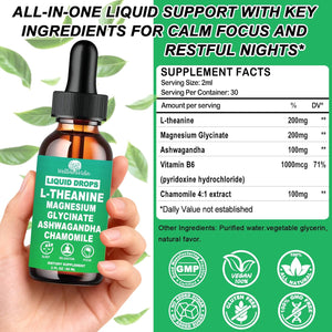 L Theanine Liquid Drops, Theanine Supplement with Magnesium Glycinate & Ashwagandha for Sleep, Relaxation & Focus Support, High Absorption Liquid L Theanine 200Mg for Adults & Kids丨Vegan, Non-Gmo, 2Oz