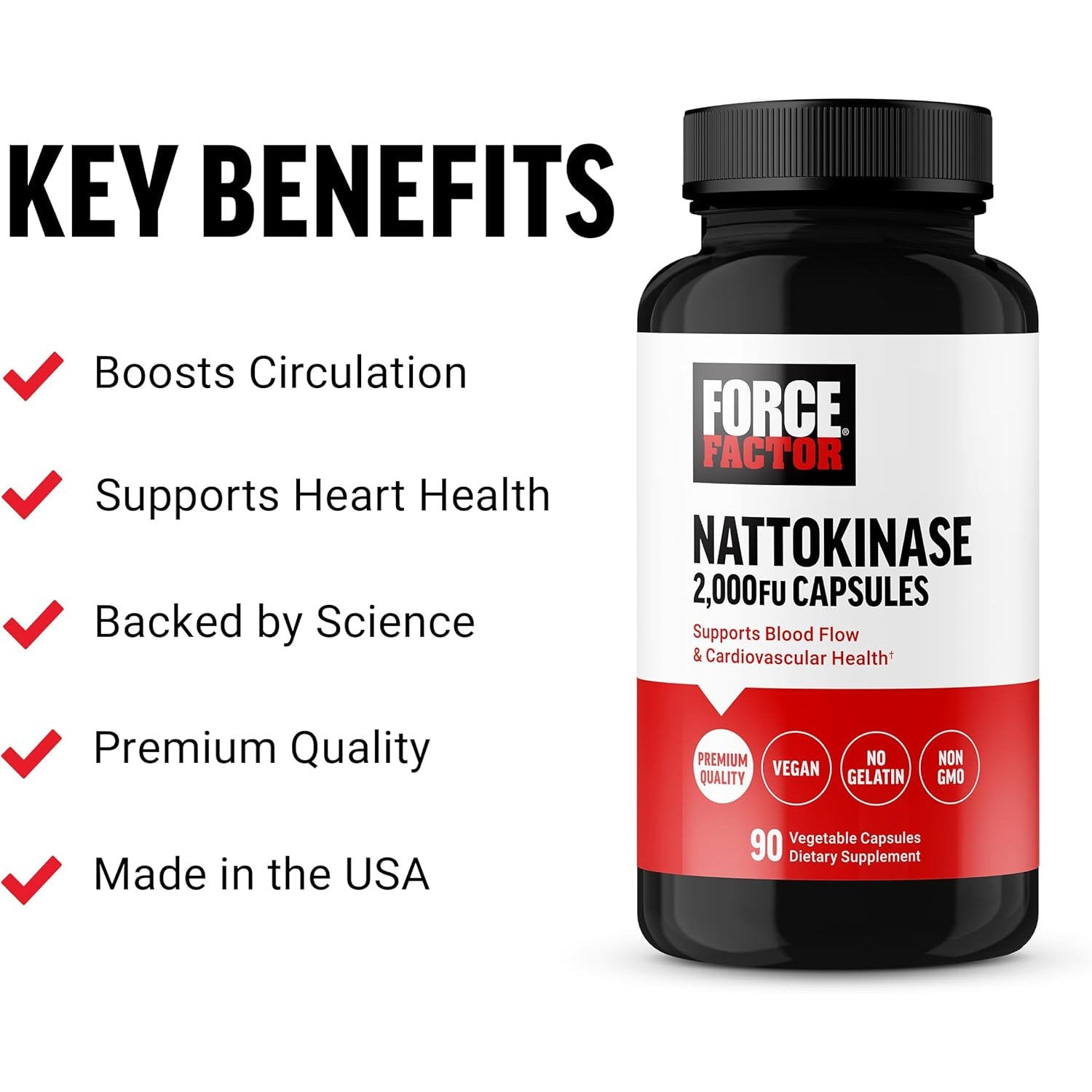 Force Factor Nattokinase 2000 FU, Nattokinase Supplement for Heart Health and Blood Pressure Health, Blood Circulation Pills, Non-Gmo, Vegan, No Gelatin, 90 Vegetable Capsules