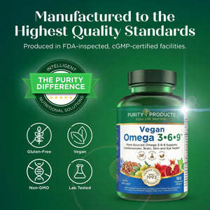 Purity Products Omega 3-6-9 Vegan and Vegetarian Formula - “5 in 1” Essential Fatty Acid Complex - Scientifically Formulated Plant-Based Omega 3 6 9 Essential Fatty Acids (EFA) - from (60)