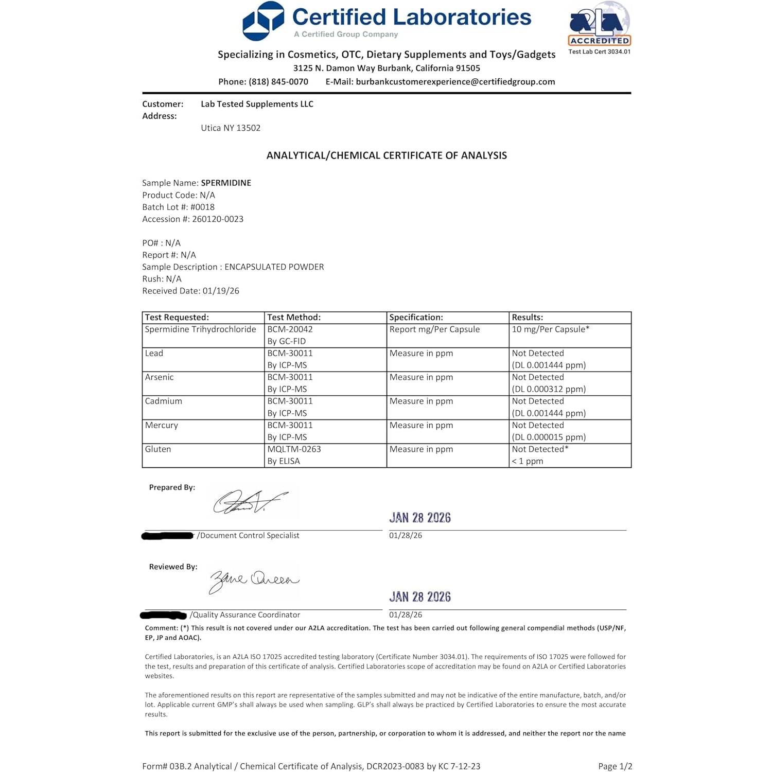 Spermidine 3HCL Supplement - 120 10Mg Capsules - 3Rd Party Coa'S Provided with Every Lot# - Spermidine Trihydrochloride