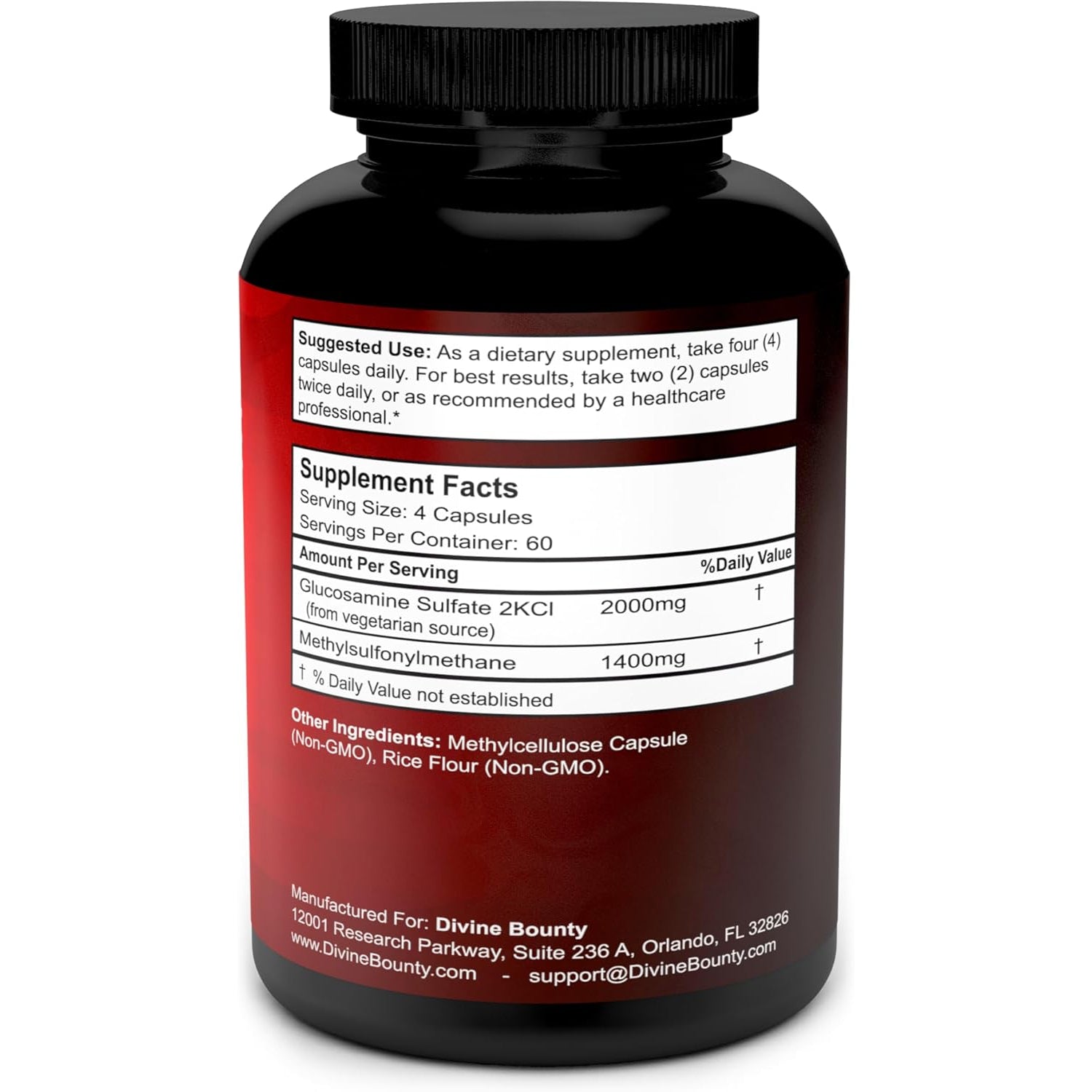 Divine Bounty Glucosamine Sulfate Supplement (2000Mg per Serving) with MSM - 240 Small Vegetarian Capsules - No Shellfish or Harmful Additives