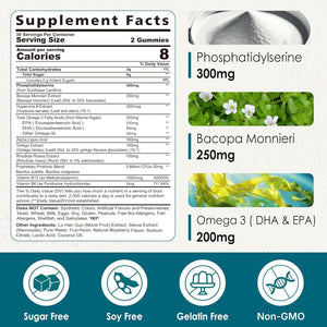 Phosphatidylserine - Nootropic Brian Supplement, Focus & Energy Gummies+ Bacopa Monnieri, Omega 3, Huperzine A, Methyl B12 & B6 for Seniors, Gamers, Workers, Non-Gmo, Caffeine-Free, Sugar Free, 2 Pack