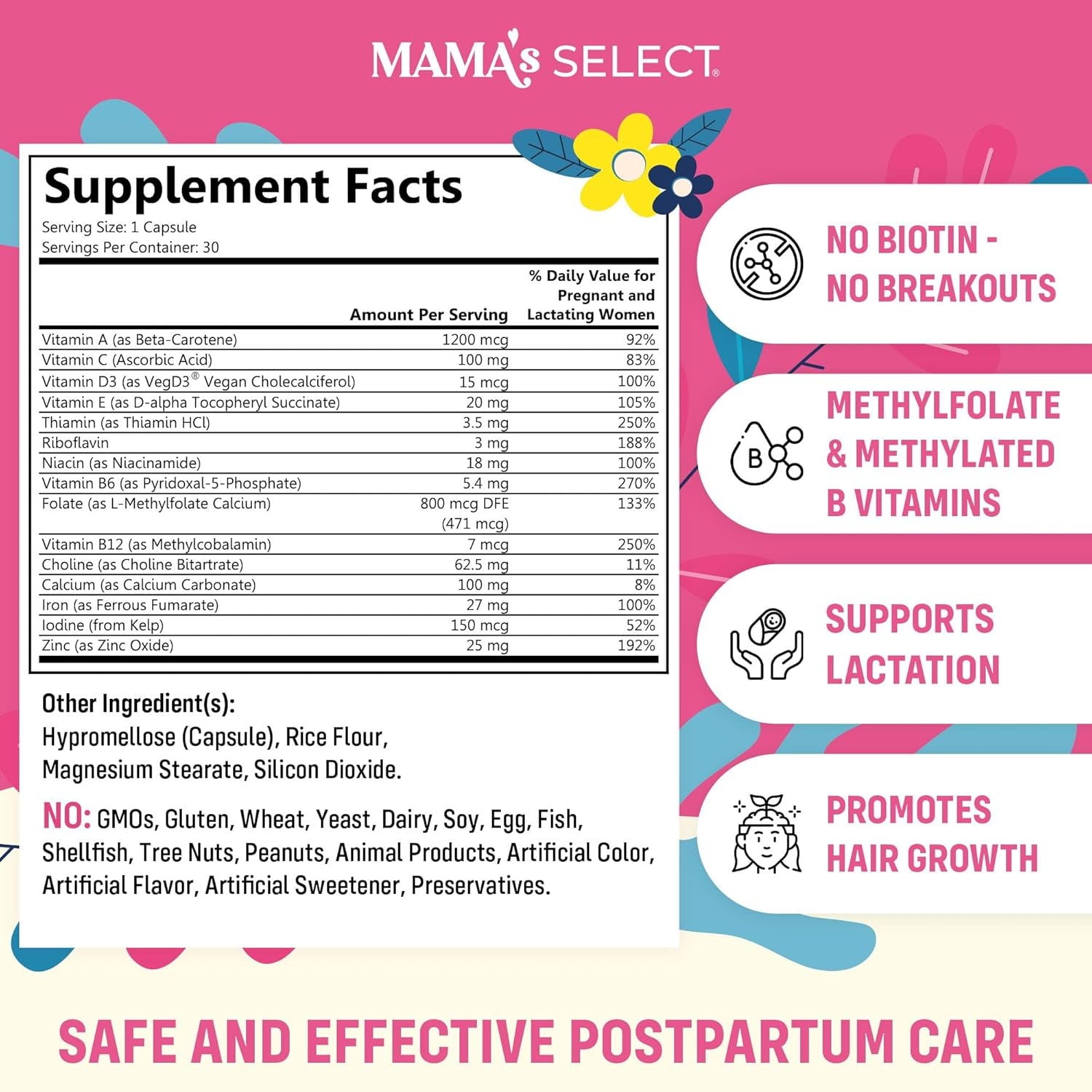 Mama'S Select Postnatal Vitamins – Boosts Hair Recovery, Milk Supply, & Wellness – Allergen-Free, Vegan, MTHFR Friendly, Methylated Folate & B Vitamins, Easy-To-Swallow, No Biotin - 30 Capsules