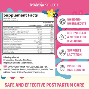 Mama'S Select Postnatal Vitamins – Boosts Hair Recovery, Milk Supply, & Wellness – Allergen-Free, Vegan, MTHFR Friendly, Methylated Folate & B Vitamins, Easy-To-Swallow, No Biotin - 30 Capsules