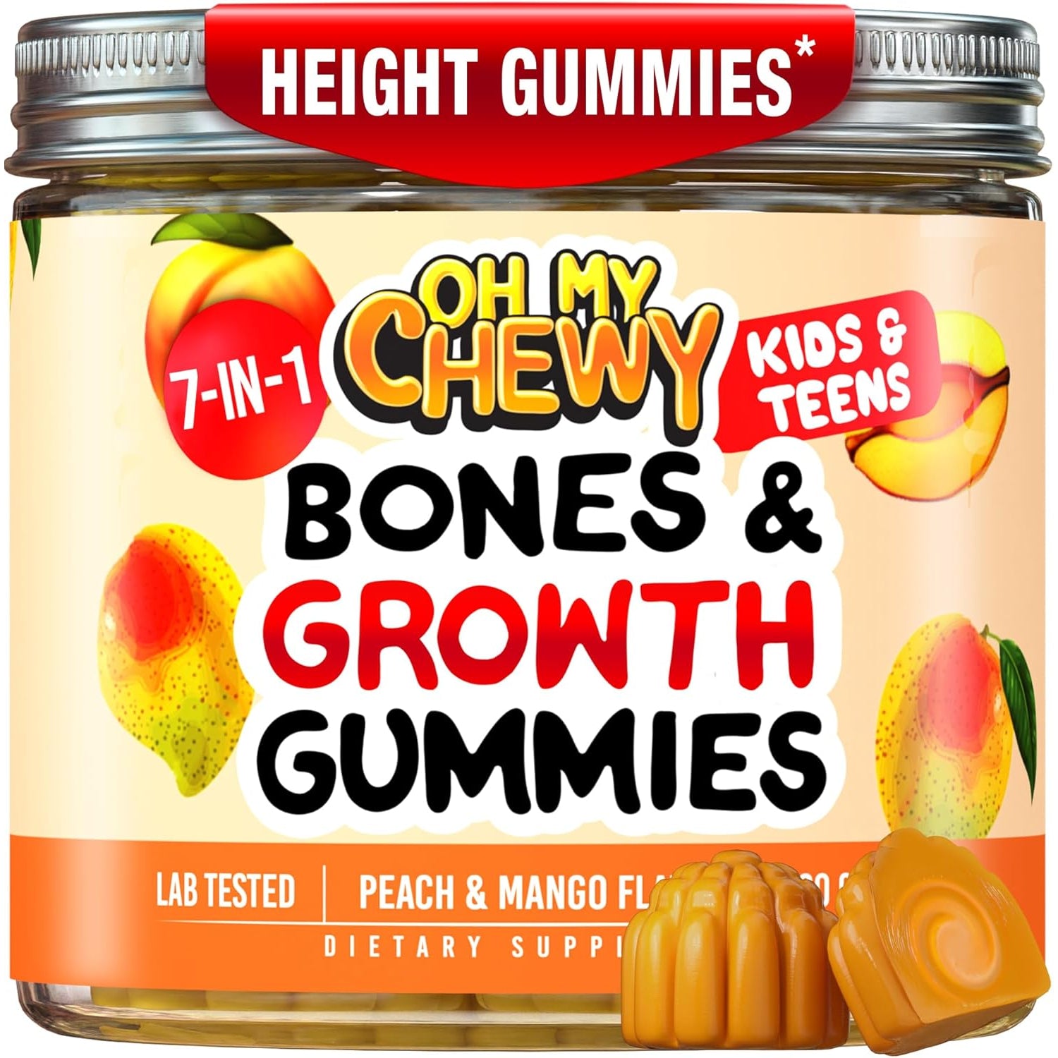 OH MY CHEWY Height Growth Vitamin Gummies for Kids & Teens - Growing up and Bones Support for Supplement with Calcium, Zinc, Vitamin D3, K2, Spirulina and Astragalus – Peach & Mango 60 CT