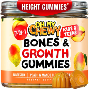 OH MY CHEWY Height Growth Vitamin Gummies for Kids & Teens - Growing up and Bones Support for Supplement with Calcium, Zinc, Vitamin D3, K2, Spirulina and Astragalus – Peach & Mango 60 CT