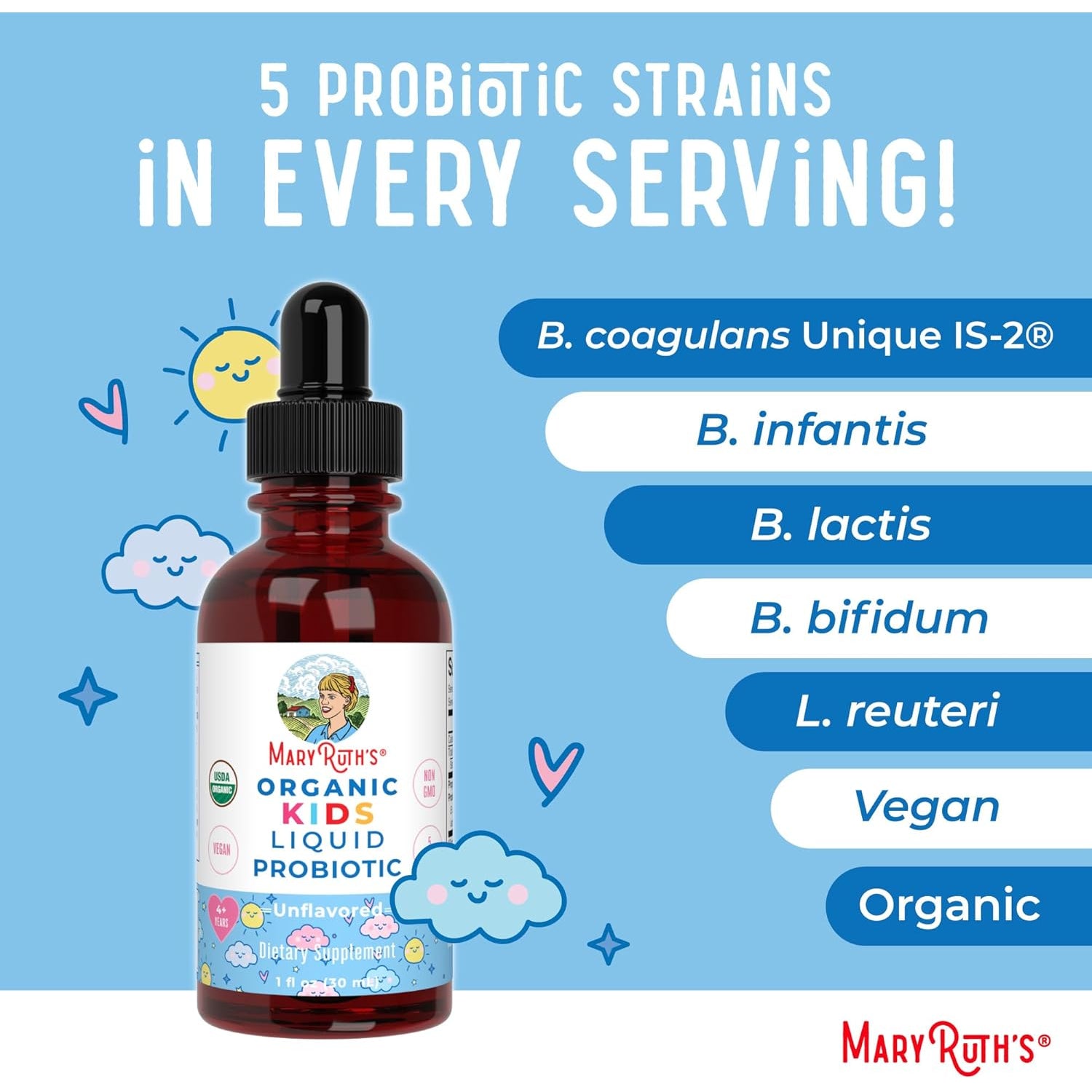MARYRUTH'S Organics Kids Probiotic Liquid Drops | USDA Organic Probiotics for Digestive Health | Ages 4+ Gut Health & Immune Support Supplement | Overall Health | Vegan | Non-Gmo | 1 Fl Oz