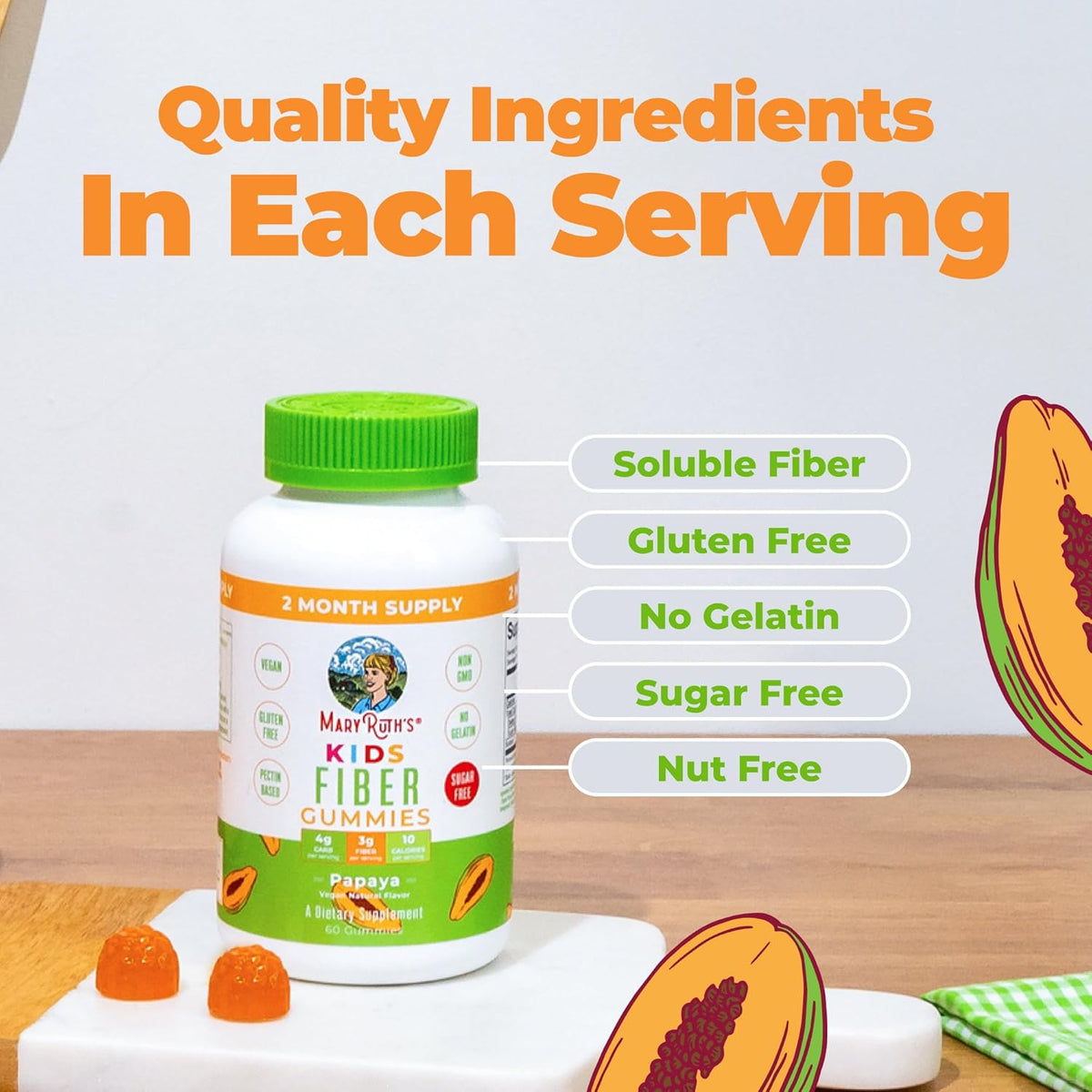 MARYRUTH'S Fiber Gummies for Kids | 2 Month Supply | Sugar Free | Kids Fiber Gummies Ages 4+ | Soluble Fiber Supplement | Gut Health & Digestion Support | 3G Fiber per Gummy | Vegan | 60 Count