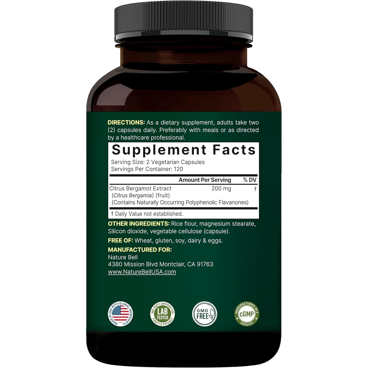 Naturebell Citrus Bergamot, 240 Vegetarian Capsules – Real Fruit Extract with Polyphenolic Flavanones – Non-Gmo, Cgmp Certified