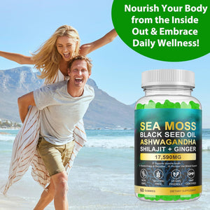 Sea Moss Gummies,With Elderberry Black Seed Oil,Ashwagandha&Ginger,Natural Irish Sea Moss for Immunity & Energy Supplement for Women,Men,Extra Strength,Great Tasting (1 Pack)