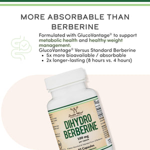 Dihydroberberine Supplement 100Mg, 60 Capsules (Patented Glucovantage Super Berberine, May Be 5X More Effective than Berberine with Less Side Effects) Third Party Tested, Vegan Safe by Double Wood