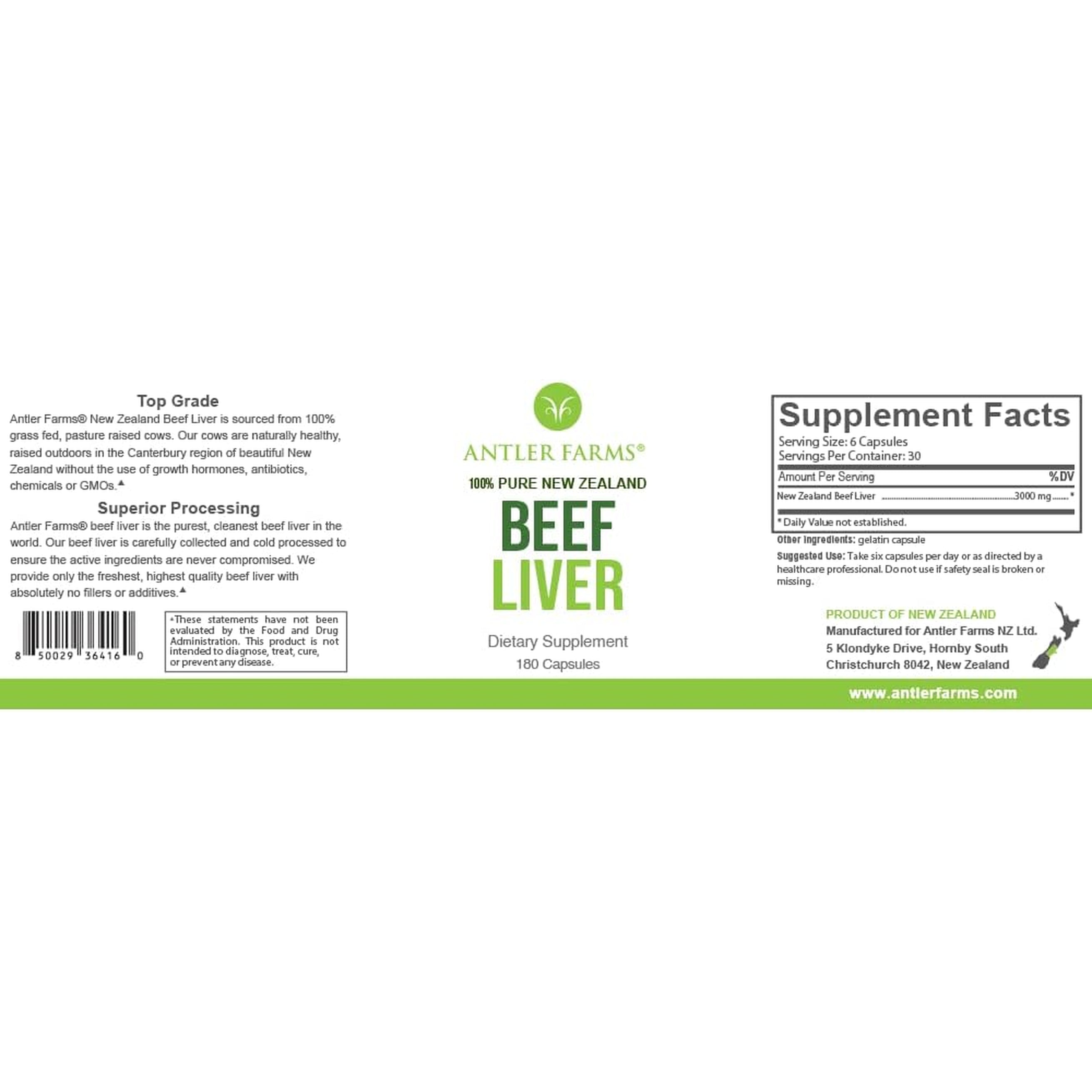 Antler Farms – 100% Pure New Zealand Beef Liver, 180 Capsules – Grass Fed, Cold Processed, Rbgh Free, No Fillers or Additives