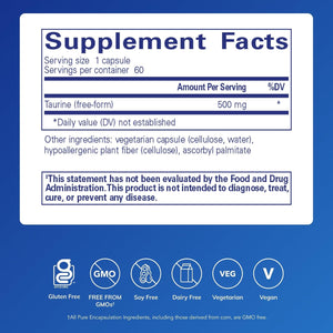 Pure Encapsulations Taurine 500 Mg | Amino Acid Supplement for Liver, Eye Health, Antioxidants, Heart, Brain, and Muscles* | 60 Capsules
