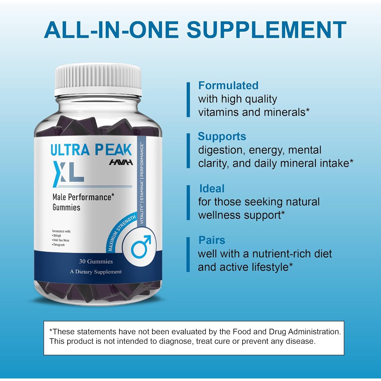 Havah Ultra Peak XL Performance Gummies, Ultrapeak XL Advanced Overall Health and Natural Performance Formula Supplement (1 Pack - 30 Gummies)