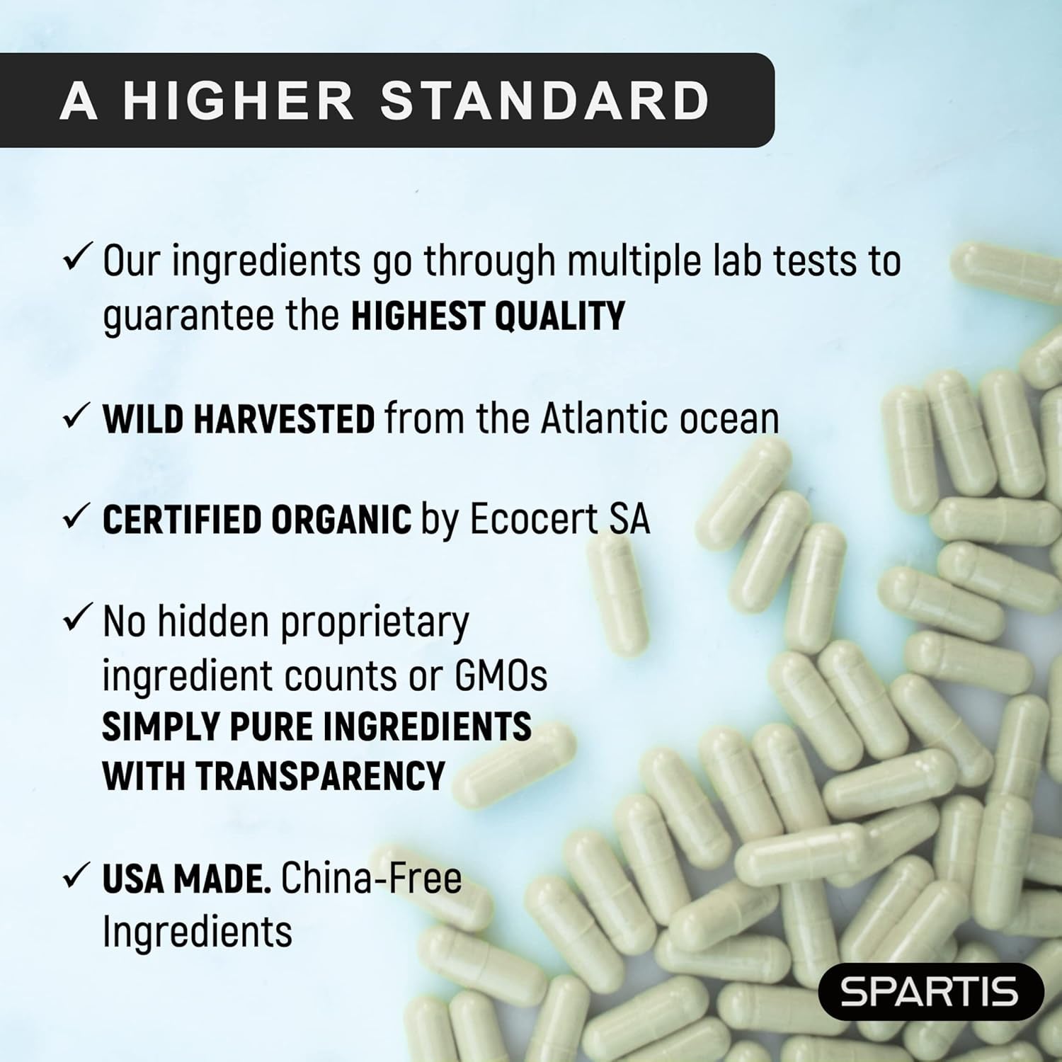 SPARTIS Certified Organic Sea Moss Capsules 2250Mg Wildcrafted Irish Sea Moss Burdock Root Bladderwrack Supplement Raw Seamoss Pills & Powder (Pack of 1 at 180-Caps)