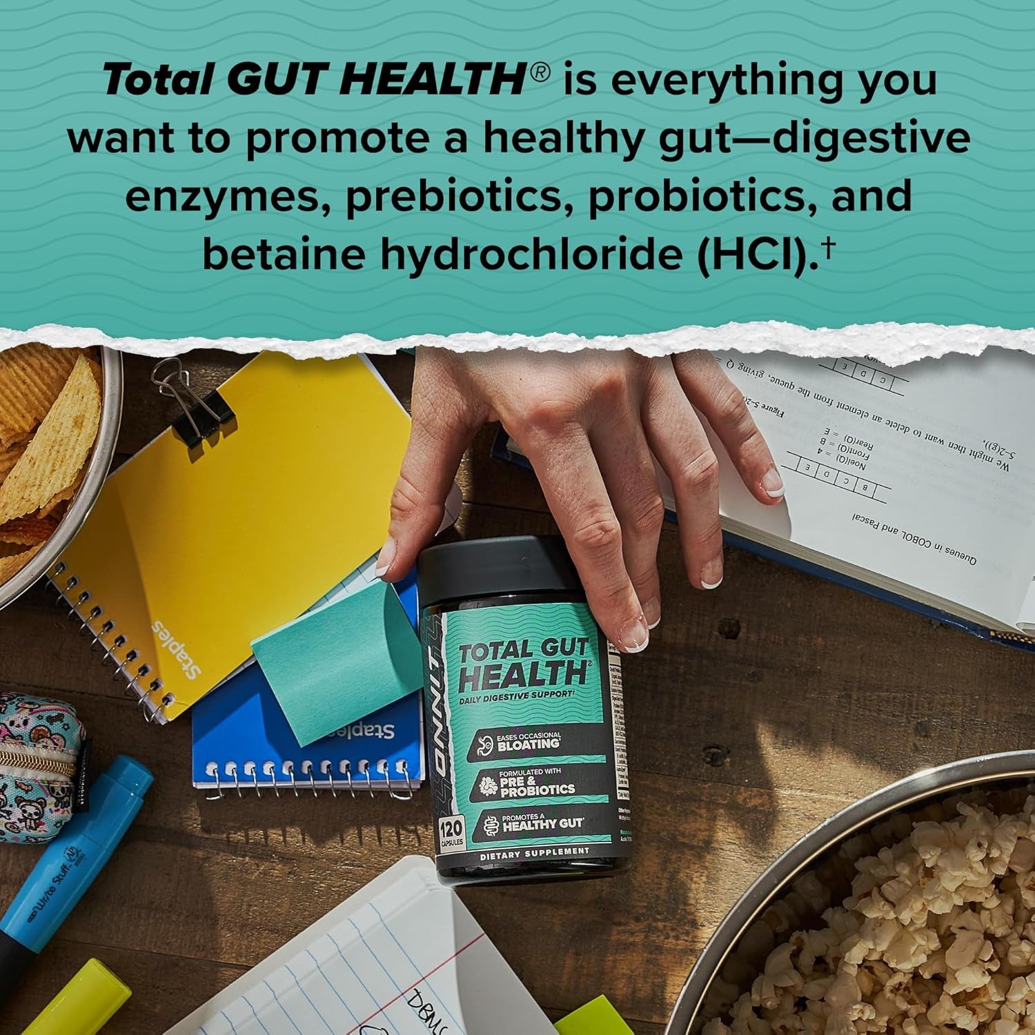 ONNIT Total Gut Health Daily Digestive Support, IGEN™ Non-Gmo Tested Digestion Supplement for Women and Men with 7 Strains of Probiotics, Prebiotics, Enzymes and Betaine HCL, 60 Count