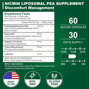 1600MG Palmitoylethanolamide 99% with Luteolin & Quercetin, High Absorption, Pea Supplement 60 Capsules
