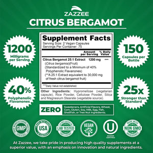 Zazzee Citrus Bergamot 25:1 Extract, 1200 Mg per Serving, 40% Polyphenolic Flavanones, 150 Vegan Capsules, 5 Month Supply, Citrus Bergamia, Antioxidant Support, Certified Kosher, Non-Gmo, Made in USA