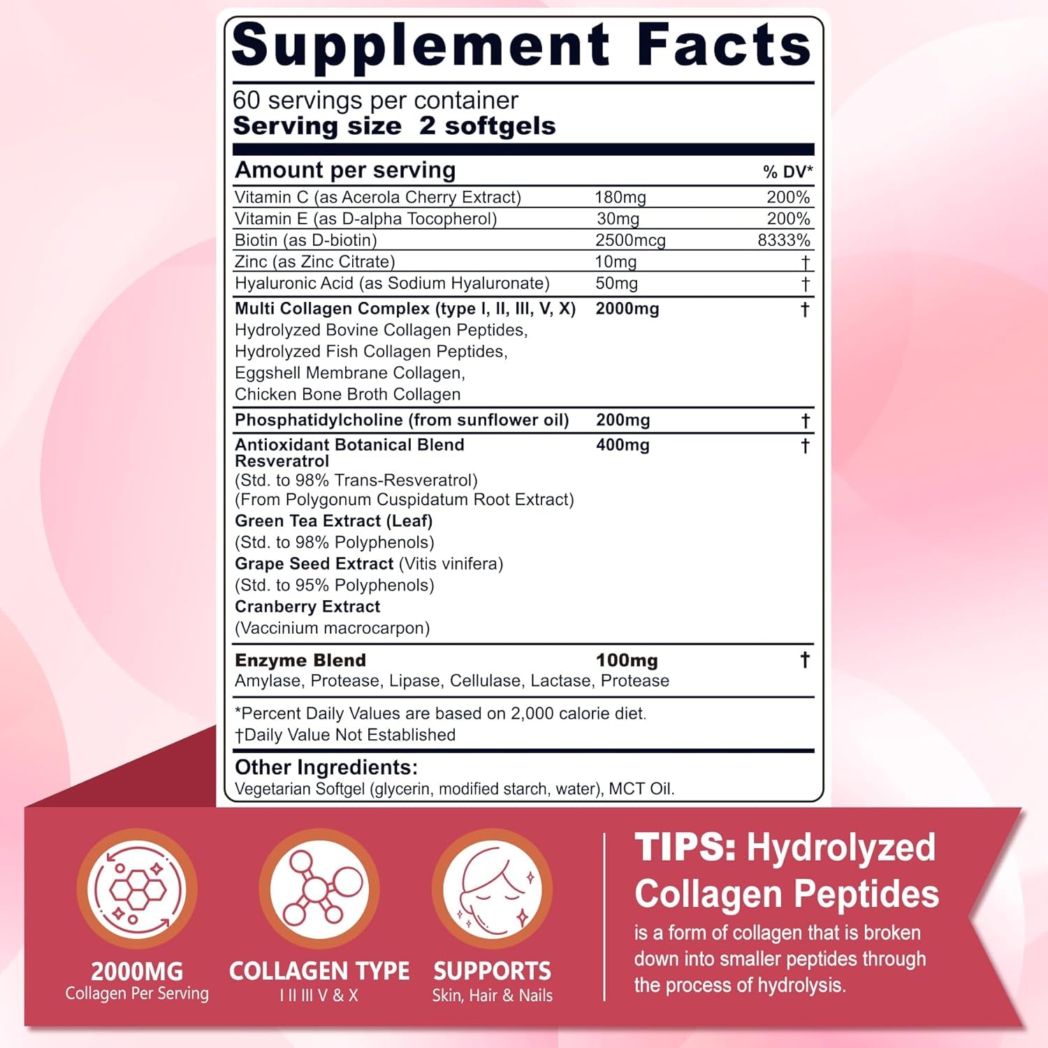 Hydrolyzed Collagen Peptides Pills for Women 2000Mg Liposomal Form Type I, II, III, V, X for Optimal Absorption, Multi Collagen Softgels, Collagen Supplements with Hair, Skin & Nails Vitamins 120 Cts