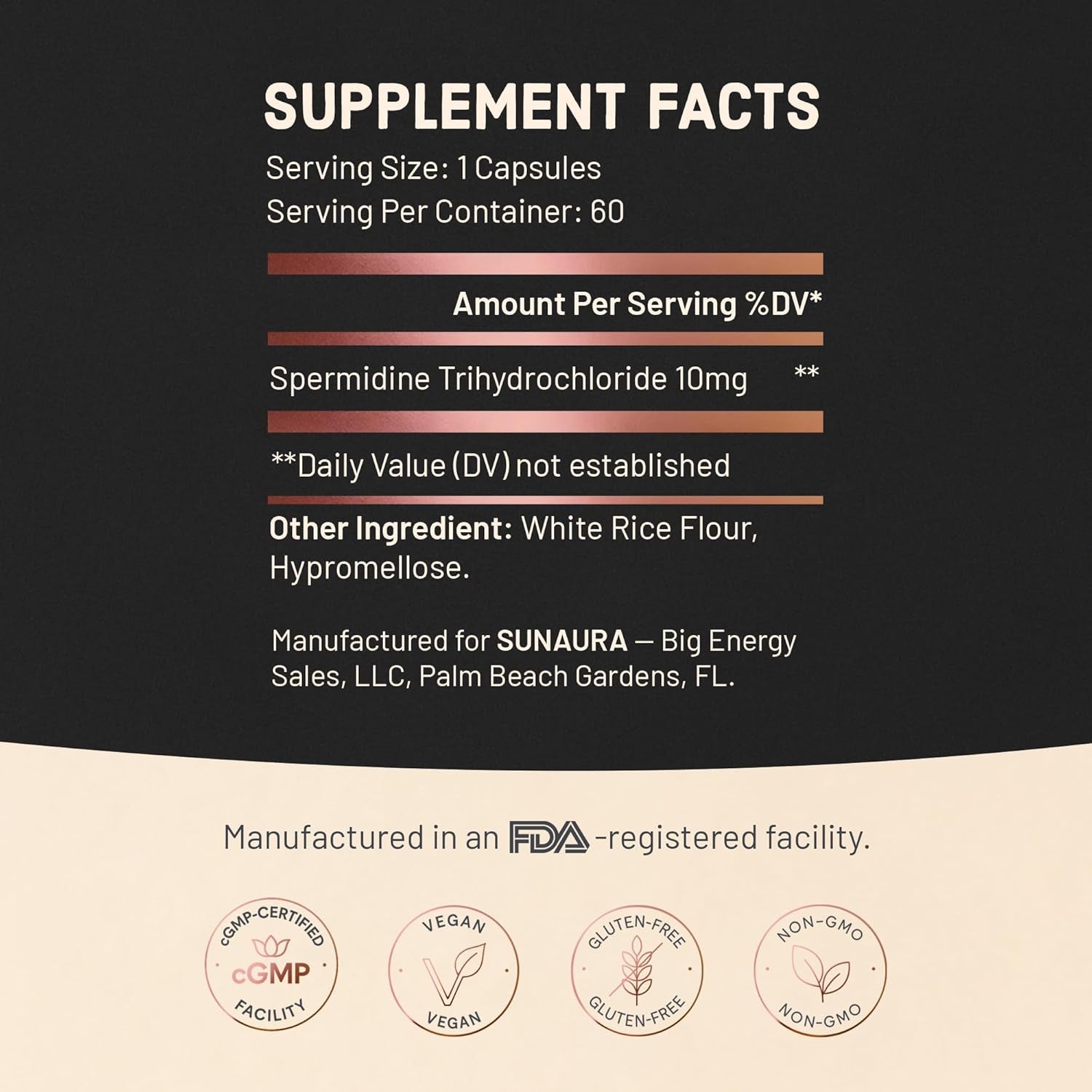 SUNAURA Spermidine Supplement 10 Mg (Spermidine 3Hcl) – High Potency Autophagy & Cellular Renewal Support – Longevity, Energy & Focus – Non-Gmo, Gluten-Free, 60 Capsules