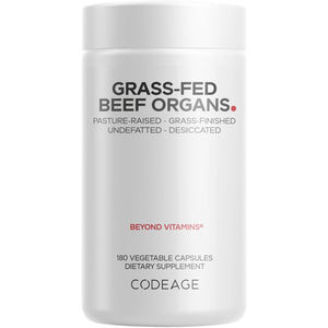 Codeage Grass Fed Beef Organs Supplement – Glandulars Supplements - Freeze Dried, Non-Defatted, Desiccated Liver, Heart, Kidney, Pancreas & Spleen Bovine Pills – Beef Vitamins - Non-Gmo -180 Capsules