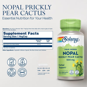 SOLARAY Nopal Prickly Pear Cactus Capsules - 500 Mg per Serving, Rich in Naturally Occuring Fiber, Antioxidants, and Carotenoids, Provides Key Nutrients in a Vegan Formula - 100 Count Vegcaps