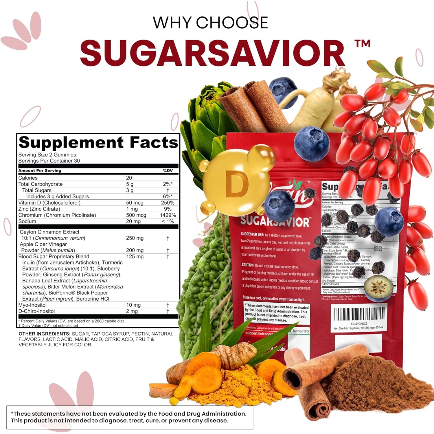 Sugar Savior Ceylon Cinnamon Berberine Gummies Apple Cider Vinegar Artichoke Turmeric Blueberry Ginseng Banaba Bitter Melon Black Pepper Vitamin D Zinc GLP1 Gummies 60 Count by Clean Nutra