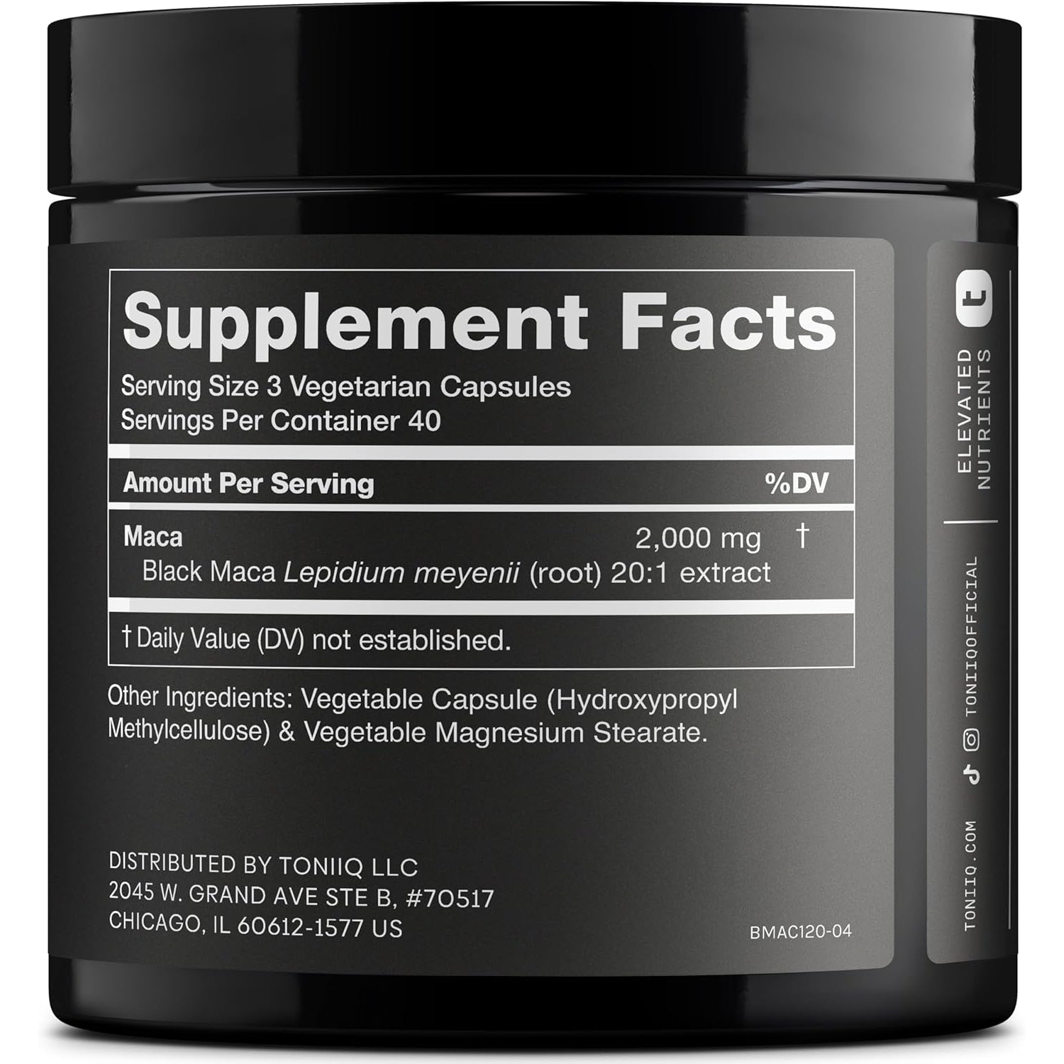 Toniiq Black Maca Root - Ultra High Potency 20:1 Extract - Single Origin, Wildcrafted & Highly Concentrated - Third-Party Lab Tested - 120 Capsules