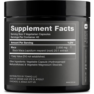 Toniiq Black Maca Root - Ultra High Potency 20:1 Extract - Single Origin, Wildcrafted & Highly Concentrated - Third-Party Lab Tested - 120 Capsules