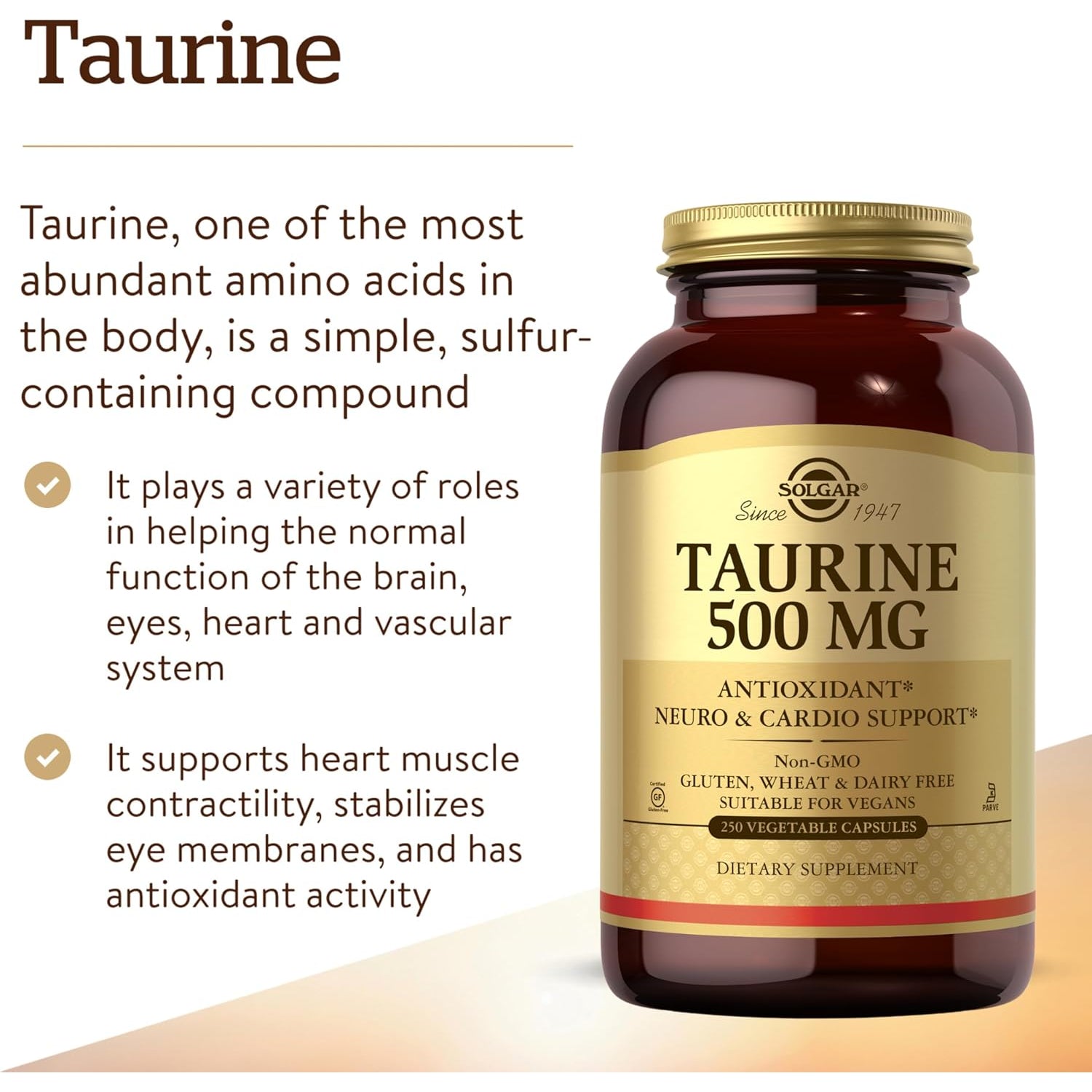 Solgar Taurine 500 Mg, 250 Vegetable Capsules - Antioxidant - Brain Health - Amino Acid - Vegan, Gluten Free, Dairy Free, Kosher - 250 Servings