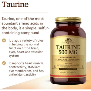 Solgar Taurine 500 Mg, 250 Vegetable Capsules - Antioxidant - Brain Health - Amino Acid - Vegan, Gluten Free, Dairy Free, Kosher - 250 Servings