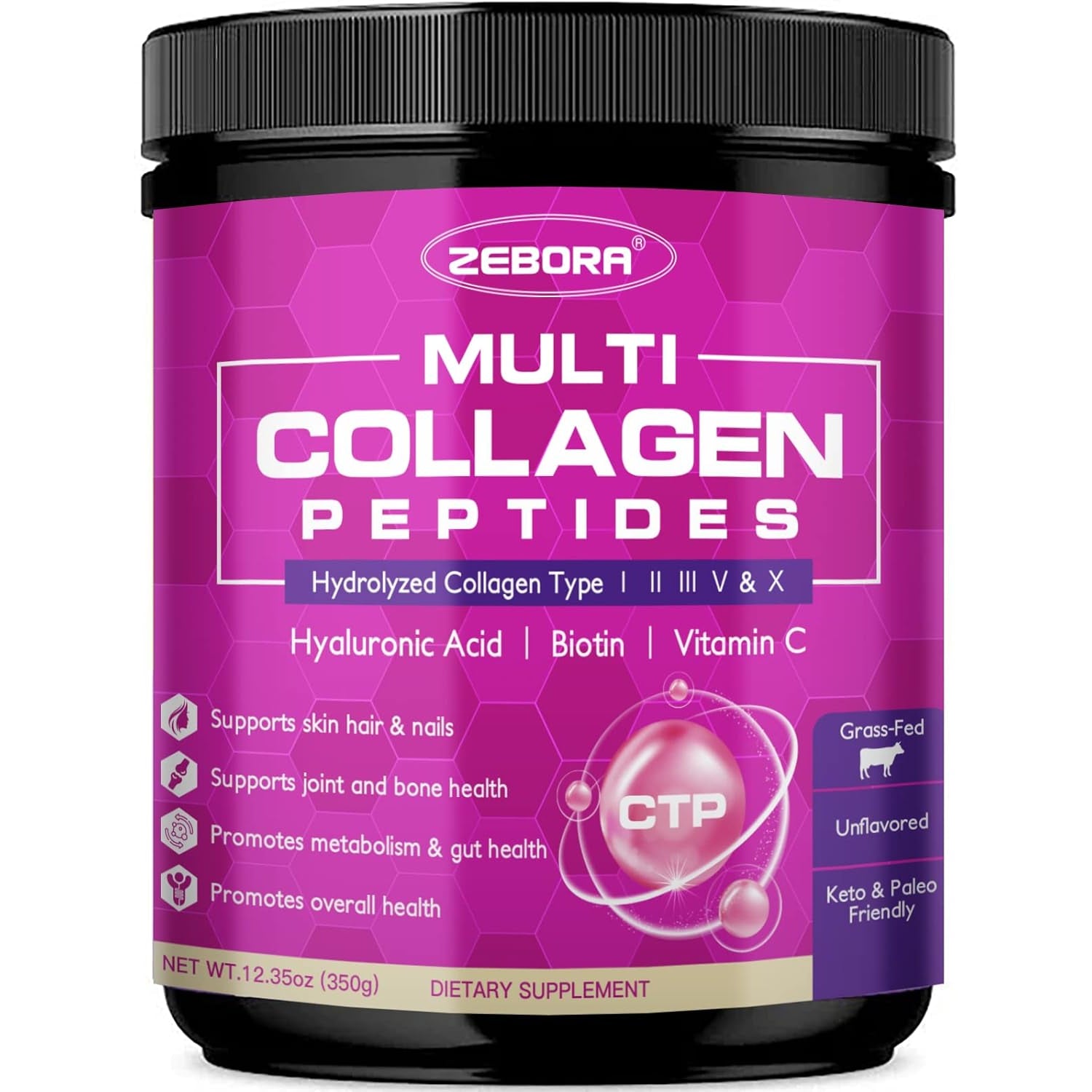 ZEBORA Multi Collagen Peptides Powder - Hydrolyzed Collagen Type I II III V X with Hyaluronic Acid, Biotin, Vitamin C - Support Skin Hair Nail Joints, Non-Gmo, Unflavored, Keto Friendly
